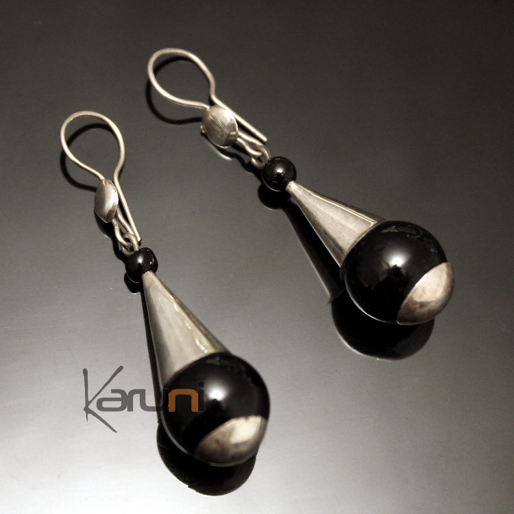 Ethnic Drop Earrings Sterling Silver Jewelry Long Black Onyx Beads Tuareg Tribe Design 62