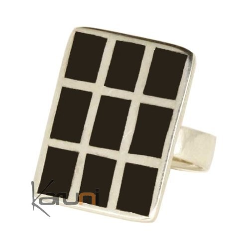 KARUNI-rectangular checkerboard silver and ebony ring
