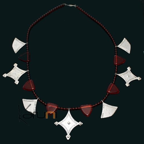 Tuareg Necklace Shat-Shat Glass Red Traditional Model in Silver 22