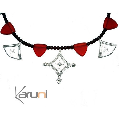 Tuareg Necklace Shat-Shat Glass Red Traditional Model in Silver 22