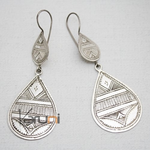 Tuareg Ethnic Jewelry Earrings Silver Large Engraved Drops 03