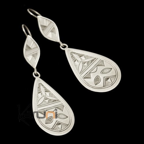 Tuareg Earrings Engraved Wide Raindrop in Silver 25