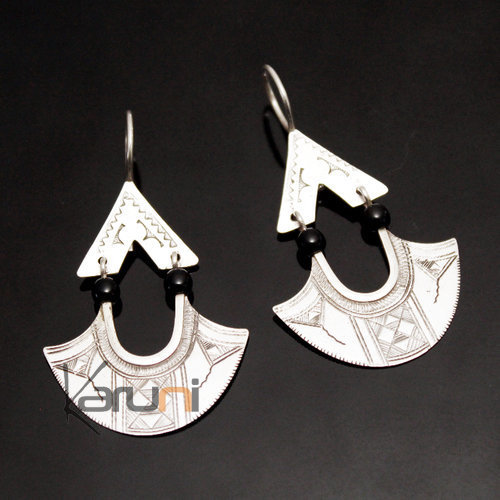 Tuareg Earrings Pendant Long Leaves in Silver and Black Pearl 42