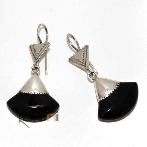 Tuareg gingko earrings - silver and onyx