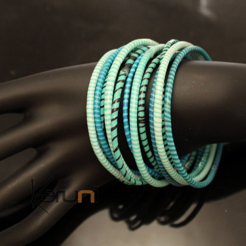 Flip Flop Ethnic African jewelry Plastic Bracelets Jokko Recycled Fair Trade Men Women Children 02 Turquoise Blue Green (x12)