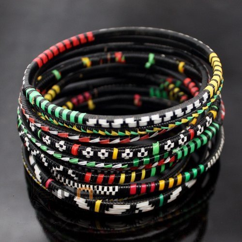 Ethnic African Jewelry Plastic Bracelets Men / Women / Child Lot 6 or 12 Green/Red/Yellow From Mali