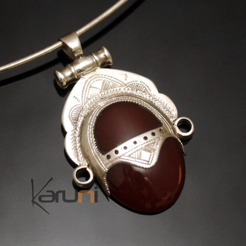 African Necklace Pendant Sterling Silver Ethnic Jewelry Goddess Head Red Agate Oval Tuareg Tribe Design 16