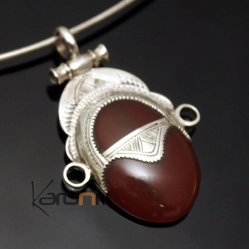 African Necklace Pendant Sterling Silver Ethnic Jewelry Small Goddess Head Red Agate Oval Tuareg Tribe Design 09