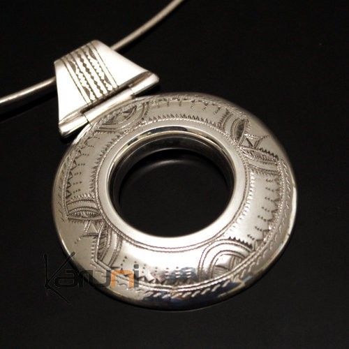 African Necklace Pendant Sterling Silver Ethnic Jewelry Big Engraved Round Tuareg Tribe Design 27