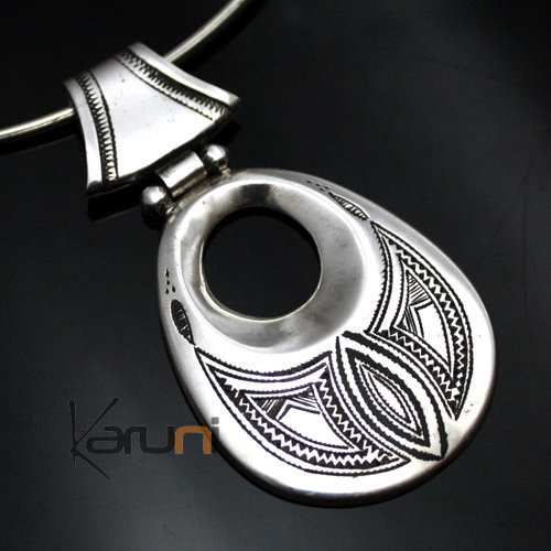 African Necklace Pendant Sterling Silver Ethnic Jewelry Big Engraved Drop Tuareg Tribe Design 25