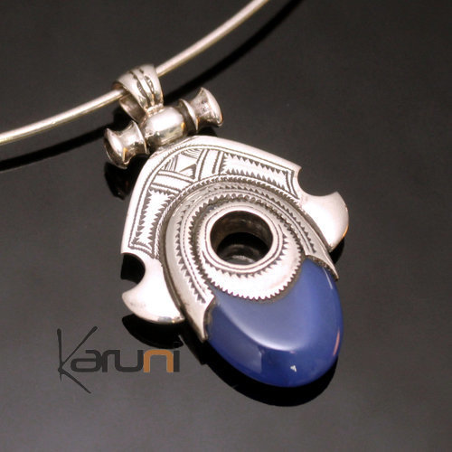 African Necklace Pendant Sterling Silver Ethnic Jewelry Goddess Head Oval Blue Agate Tuareg Tribe Design 02