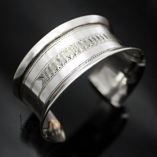 Ethnic Cuff Bracelet Sterling Silver Concave Jewelry Engraved Tuareg Tribe Design 01