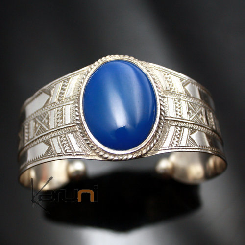Ethnic Bracelet Sterling Silver Jewelry Large Engraved Blue Agate Oval Tuareg Tribe Design  KARUNI
