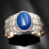Ethnic Bracelet Sterling Silver Jewelry Large Engraved Blue Agate Oval Tuareg Tribe Design  KARUNI b