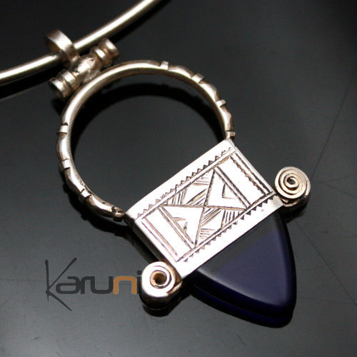 African Southern Cross Necklace Pendant Sterling Silver Ethnic Jewelry Blue Agate from Ingall Tuareg Tribe Design  KARUNI 