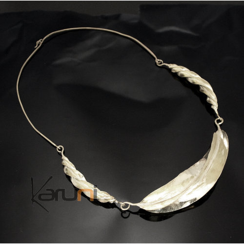 Ethnic African Jewelry Chocker Necklace Silver Plated Fulani Tribe 3 Leaves Twist Large Design KARUNI