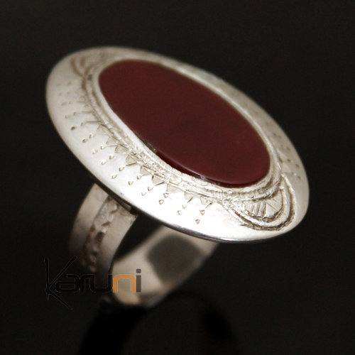 Ethnic Ring Sterling Silver Jewelry Red Agate Engraved Oval Tuareg Tribe Design 04