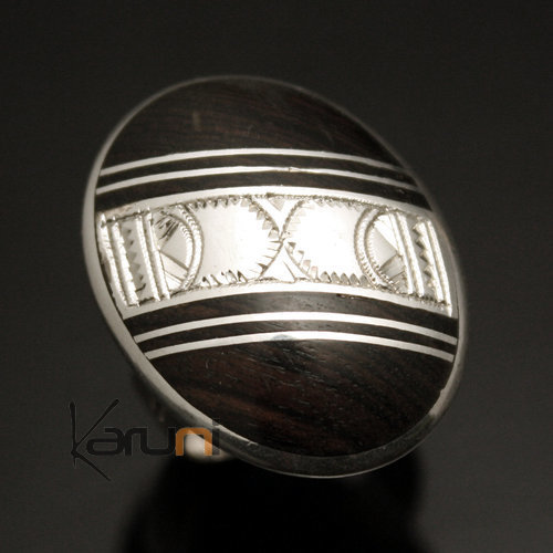 African Big Band Ring Sterling Silver Ethnic Jewelry Round Ebony Oval Diagonal Tuareg Tribe Design 03