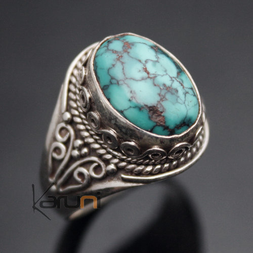  Indian Ethnic Jewelry Nepal 925 Sterling Silver Ring Signet Man / Woman Turquoise Filigranes