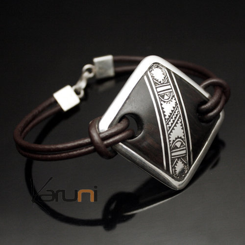 Ethnic Locket Bracelet Sterling Silver Jewelry Ebony Diamond Leather Tie Adjustable Tuareg Tribe Design 03