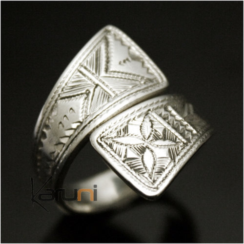 Adjustable engraved flat cross switch silver ring 1033