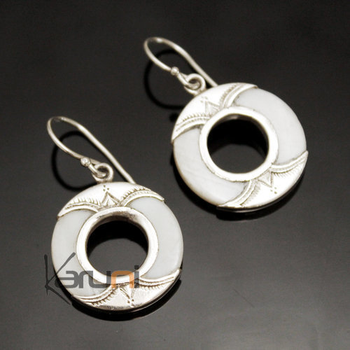 Ethnic Earrings Sterling Silver Jewelry Engraved Round Mother of Pearl Tuareg Tribe Design 10