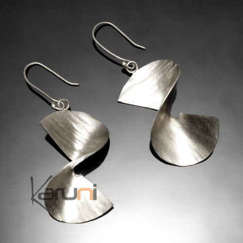 Fulani Earrings Plated Silver Wide Ribbons Twist African Ethnic Jewelry Mali