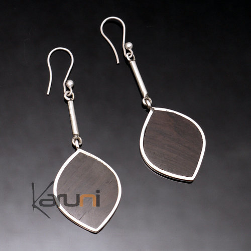 Ethnic African Jewelry Earrings in Sterling Silver and Ebony Big Smooth Leaves Tuareg Tribe Design KARUNI