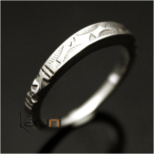 Ethnic Engagement Ring Wedding Jewelry Sterling Silver Thin Engraved Men/Women Tuareg Tribe Design Square 09