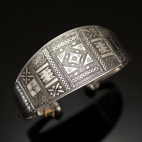 Ethnic Cuff Bracelet Sterling Silver Jewelry Large Ornamented Tuareg Tribe Design