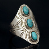  Silver Engraved Navette Ring 44 - 3 Turquoise Stones
