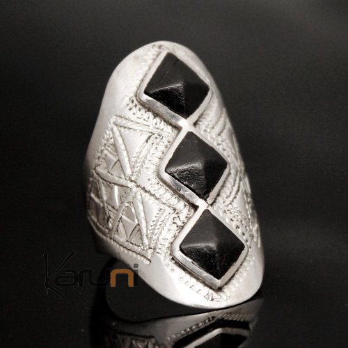 Ethnic Marquise Ring Sterling Silver Jewelry Ebony 3 Engraved Diamonds Tuareg Tribe Design 45