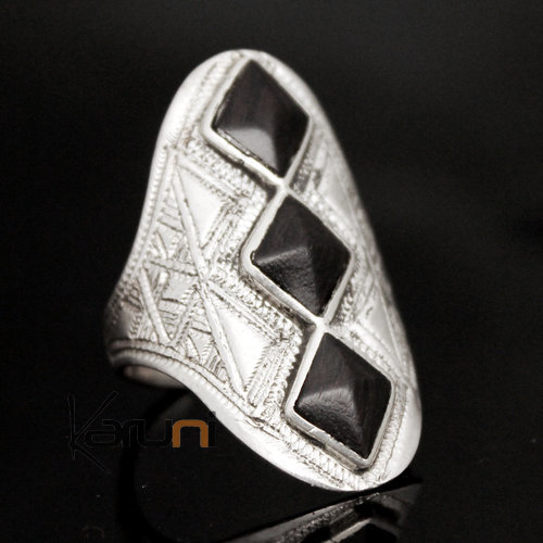 Silver Ring Shuttle Engraved 45 Large 3 Diamonds Ebony