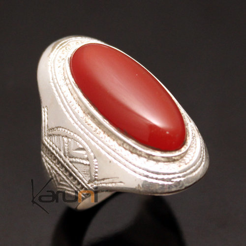 Ethnic Marquise Ring Sterling Silver Jewelry Red Agate Engraved Tuareg Tribe Design 46