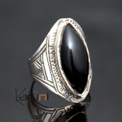 Ethnic Marquise Ring Sterling Silver Jewelry Black Onyx Engraved Tuareg Tribe Design 48