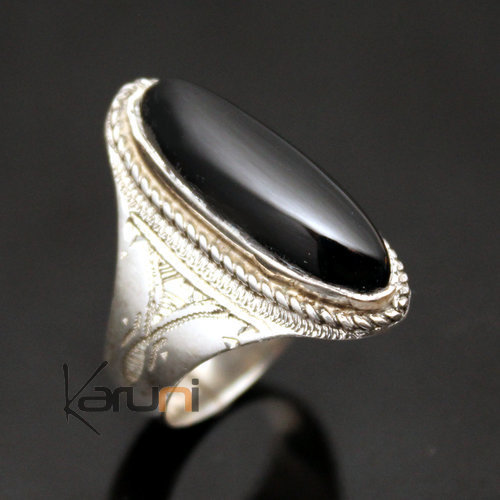 Ethnic Marquise Ring Sterling Silver Jewelry Black Onyx Engraved Tuareg Tribe Design 49 b