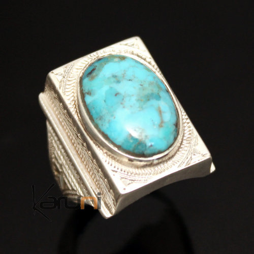 Ethnic Turquoise Ring Sterling Silver Signet Jewelry Rectangle Tuareg Tribe Design 11