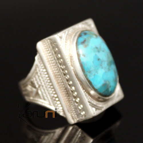 Ethnic Turquoise Ring Sterling Silver Signet Jewelry Rectangle Tuareg Tribe Design 11 b
