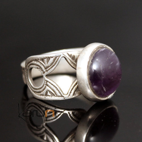 Ethnic Lace Amethyst Ring Sterling Silver Jewelry Round Engraved Men/Women Tuareg Tribe Design 03