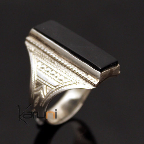 Ethnic Designer Ring Sterling Silver Jewelry Black Onyx Rectangle Tuareg Tribe Design 24 b