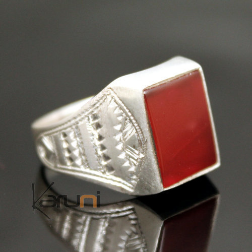 Ethnic Signet Ring Sterling Silver Jewelry Red Agate Rectangle Tuareg Tribe Design 09