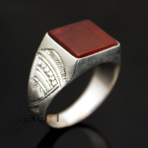 Ethnic Signet Ring Sterling Silver Jewelry Red Agate Rectangle Tuareg Tribe Design 10