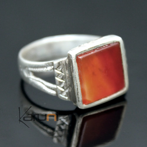 Ethnic Ring Sterling Silver Jewelry Red Agate Square Tuareg Tribe Design 13