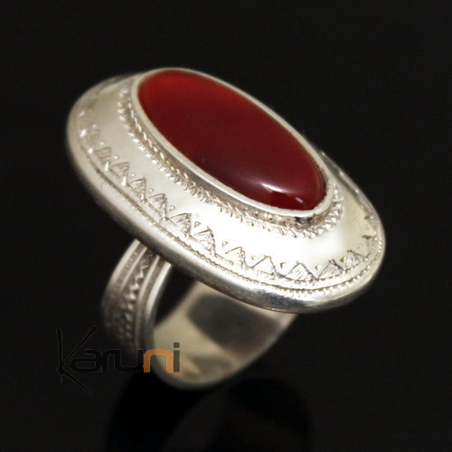 Ethnic Ring Sterling Silver Jewelry Red Agate Engraved Oval Tuareg Tribe Design 16 b