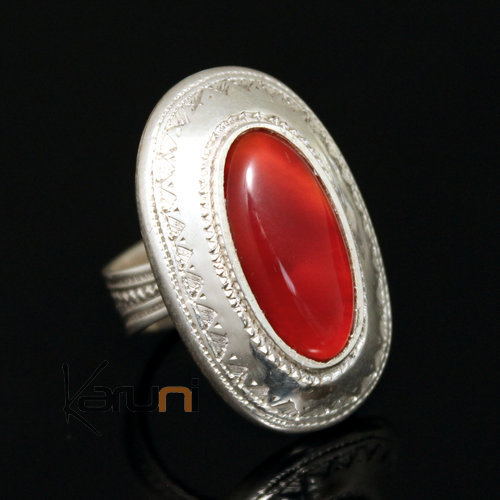 Ethnic Ring Sterling Silver Jewelry Red Agate Engraved Oval Tuareg Tribe Design 16