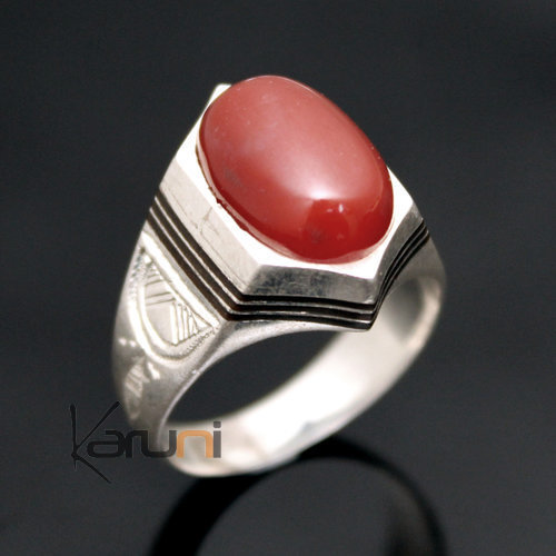 Ethnic Tuareg Tribe Design Signet Ring Silver Hand-Engraved With Red Agate Oval and Ebony Lignes Unisex 17