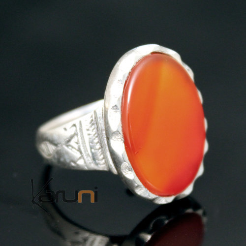 Ethnic Tuareg Tribe Design Ring Silver Hand-Engraved With Red Agate Stone 20