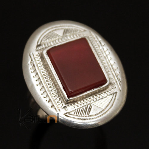 Ethnic Ring Sterling Silver Jewelry Red Agate Engraved Oval Tuareg Tribe Design 24 b