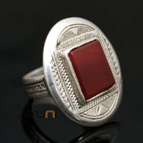 Ethnic Ring Sterling Silver Jewelry Red Agate Engraved Oval Tuareg Tribe Design 24