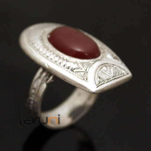 Ethnic Tuareg Tribe Design Ring Silver  Horseshoe Form Hand-Engraved With Red Agate 25